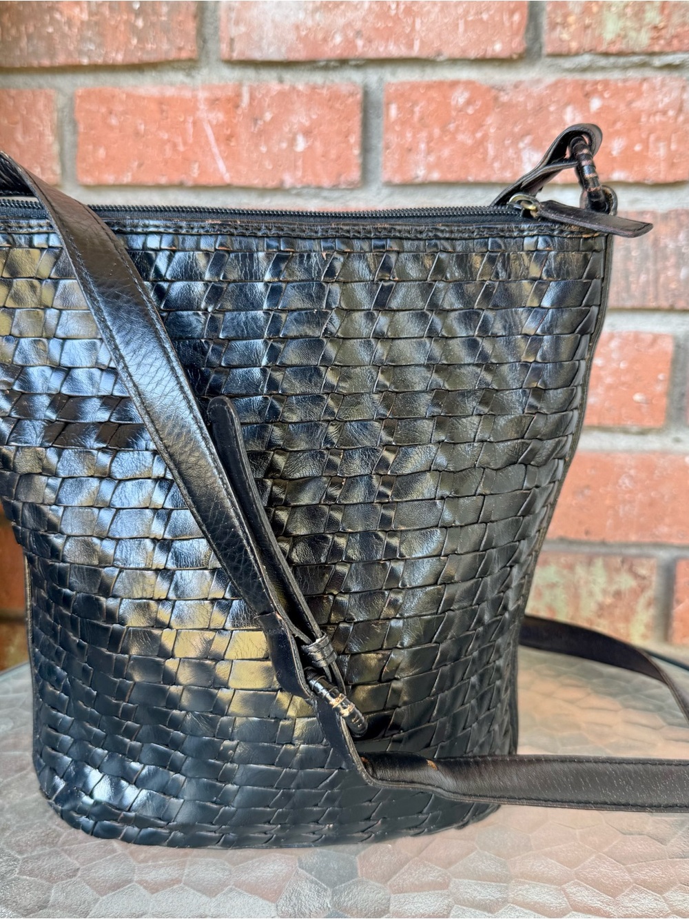 Fossil Black Woven Leather Crossbody Shoulder Bag